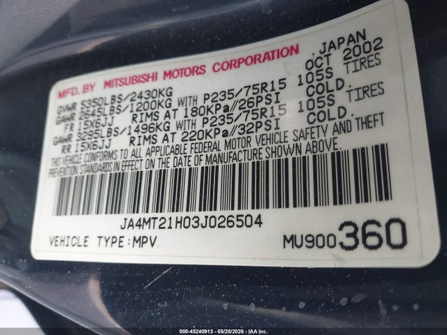Продаж на аукціоні авто 2003 Mitsubishi Montero Sport Es/ls, vin: JA4MT21H03J026504, номер лоту: 45240913