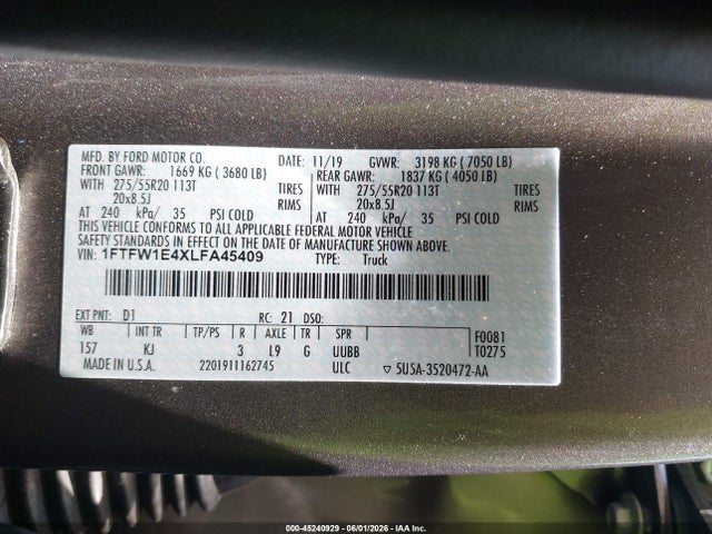 Aukcja sprzedaży 2020 Ford F-150 King Ranch, vin: 1FTFW1E4XLFA45409, numer aukcji: 45240929