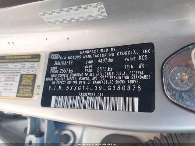 Aukcja sprzedaży 2020 Kia Optima Lx, vin: 5XXGT4L39LG380378, numer aukcji: 45240936