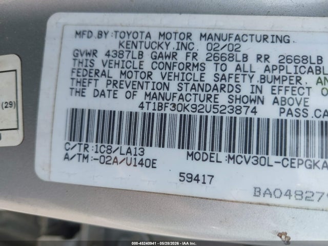 Aukcja sprzedaży 2002 Toyota Camry Xle V6, vin: 4T1BF30K92U523874, numer aukcji: 45240941