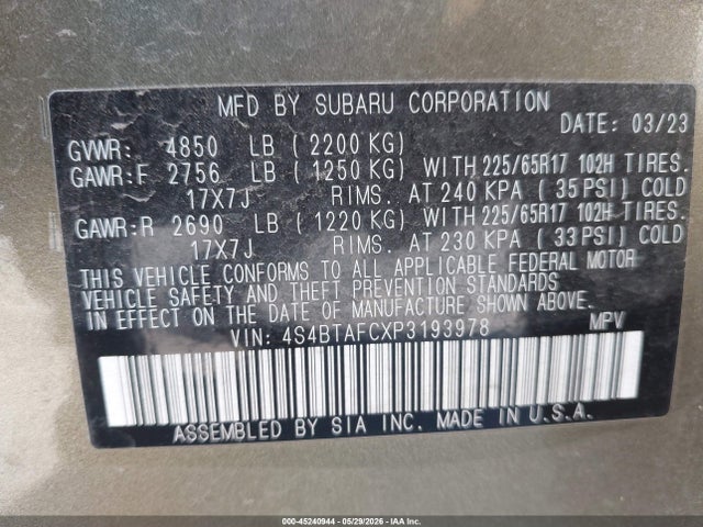 45240944 :رقم المزاد ، 4S4BTAFCXP3193978 vin ، 2023 Subaru Outback Premium مزاد بيع