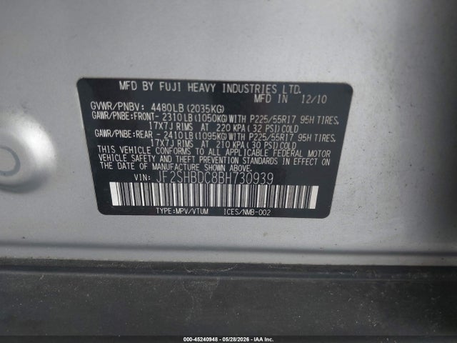 45240948 :رقم المزاد ، JF2SHBDC8BH730939 vin ، 2011 Subaru Forester 2.5x Premium مزاد بيع