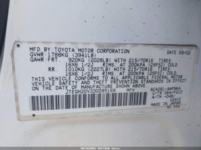 Aukcja sprzedaży 2003 Toyota Rav4, vin: JTEGH20V330085169, numer aukcji: 45240953