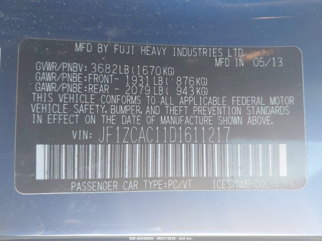 Продаж на аукціоні авто 2013 Subaru Brz Limited, vin: JF1ZCAC11D1611217, номер лоту: 45240958