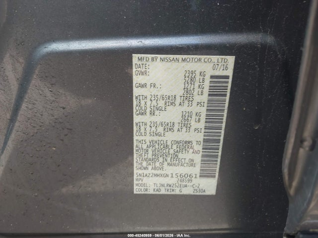 45240959 :رقم المزاد ، 5N1AZ2MHXGN156061 vin ، 2016 Nissan Murano Sl مزاد بيع