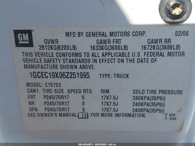 45240973 :رقم المزاد ، 1GCEC19X06Z251995 vin ، 2006 Chevrolet Silverado 1500 Work Truck مزاد بيع