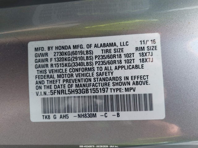 5FNRL5H93GB155197 Honda Odyssey Touring/touring Elite