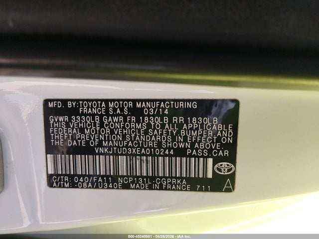 Aukcja sprzedaży 2014 Toyota Yaris L (tmmf Plant), vin: VNKJTUD3XEA010244, numer aukcji: 45240981
