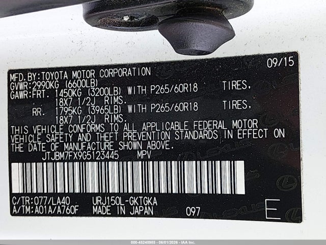 45240985 :رقم المزاد ، JTJBM7FX9G5123445 vin ، 2016 Lexus Gx 460 مزاد بيع