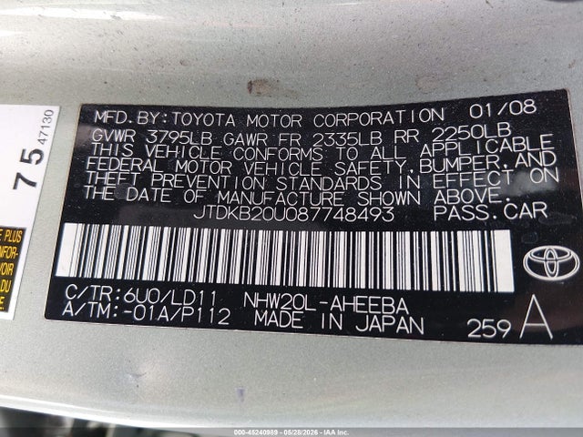 45240989 :رقم المزاد ، JTDKB20U087748493 vin ، 2008 Toyota Prius مزاد بيع