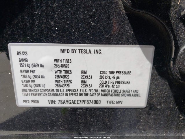 Продажа на аукционе авто 2023 Tesla Model Y Awd/long Range Dual Motor All-wheel Drive, vin: 7SAYGAEE7PF874000, номер лота: 45240997