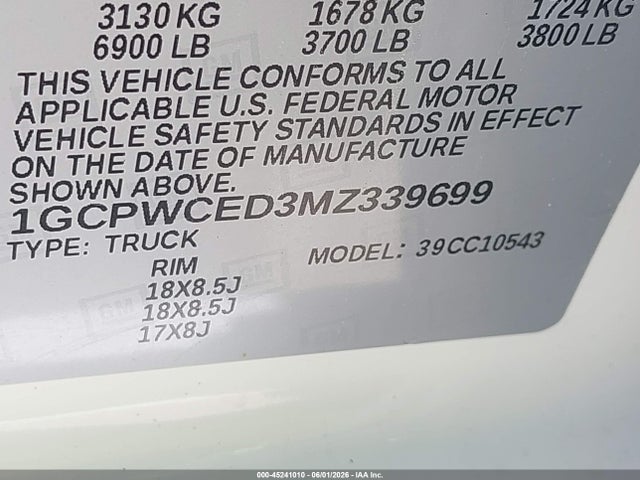 Продажа на аукционе авто 2021 Chevrolet Silverado 1500 2wd  Short Bed Lt, vin: 1GCPWCED3MZ339699, номер лота: 45241010