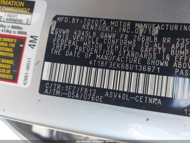 Auction sale of the 2011 Toyota Camry Le, vin: 4T1BF3EK6BU136871, lot number: 45241025