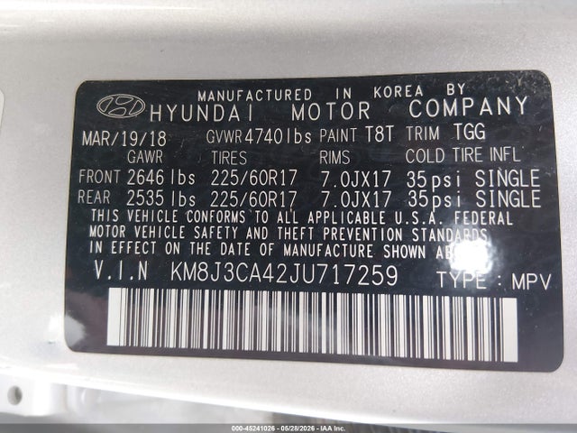 Продаж на аукціоні авто 2018 Hyundai Tucson Sel, vin: KM8J3CA42JU717259, номер лоту: 45241026