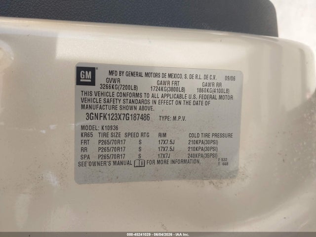 Aukcja sprzedaży 2007 Chevrolet Avalanche 1500 Lt, vin: 3GNFK123X7G187486, numer aukcji: 45241029