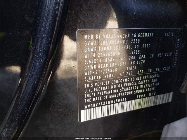Aukcja sprzedaży 2016 Volkswagen Tiguan S, vin: WVGBV7AX4GW550321, numer aukcji: 45241035