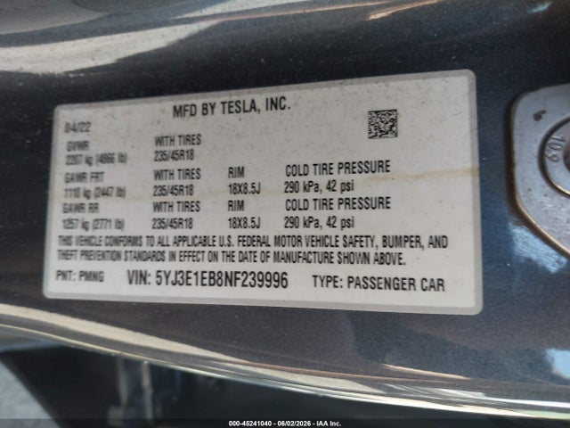Tesla Model 3 Long Range Dual Motor All-wheel Drive 2022 5YJ3E1EB8NF239996 Image 9