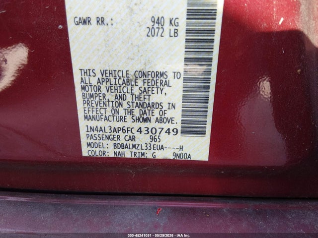 Продаж на аукціоні авто 2015 Nissan Altima 2.5 Sv, vin: 1N4AL3AP6FC430749, номер лоту: 45241051