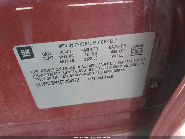 Продажа на аукционе авто 2012 Chevrolet Cruze Ls, vin: 1G1PC5SH1C7264872, номер лота: 45241058