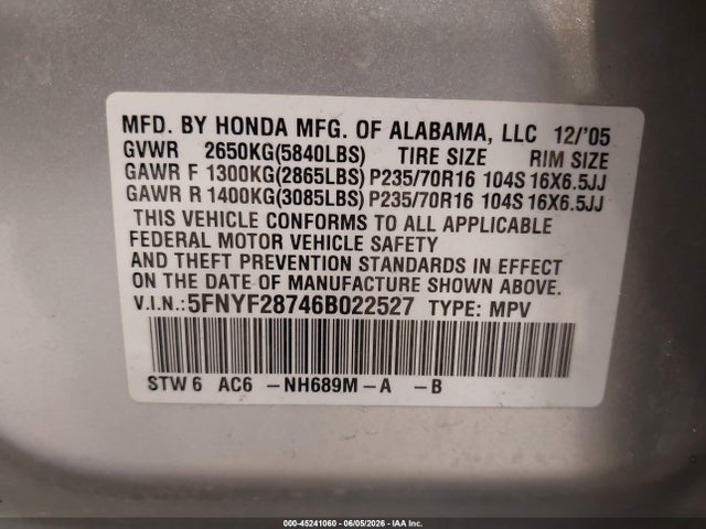 Продаж на аукціоні авто 2006 Honda Pilot Ex-l, vin: 5FNYF28746B022527, номер лоту: 45241060