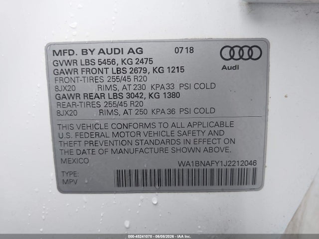Aukcja sprzedaży 2018 Audi Q5 2.0t Premium/2.0t Tech Premium, vin: WA1BNAFY1J2212046, numer aukcji: 45241070