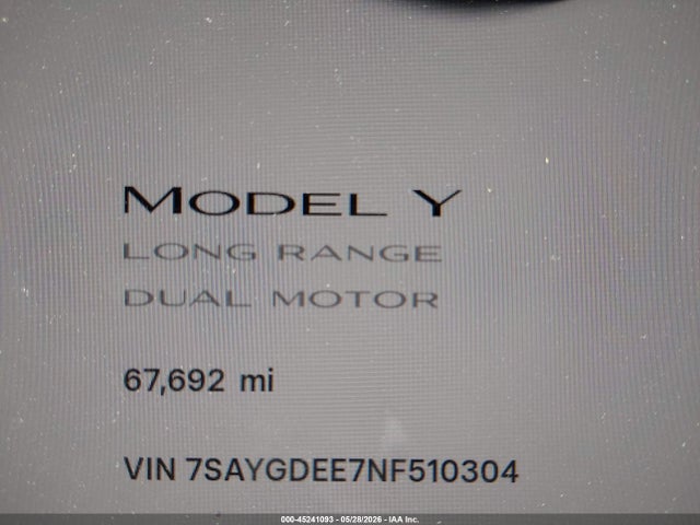 Aukcja sprzedaży 2022 Tesla Model Y Long Range Dual Motor All-wheel Drive, vin: 7SAYGDEE7NF510304, numer aukcji: 45241093