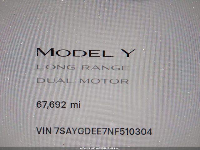 Aukcja sprzedaży 2022 Tesla Model Y Long Range Dual Motor All-wheel Drive, vin: 7SAYGDEE7NF510304, numer aukcji: 45241093