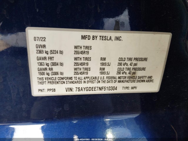 Aukcja sprzedaży 2022 Tesla Model Y Long Range Dual Motor All-wheel Drive, vin: 7SAYGDEE7NF510304, numer aukcji: 45241093