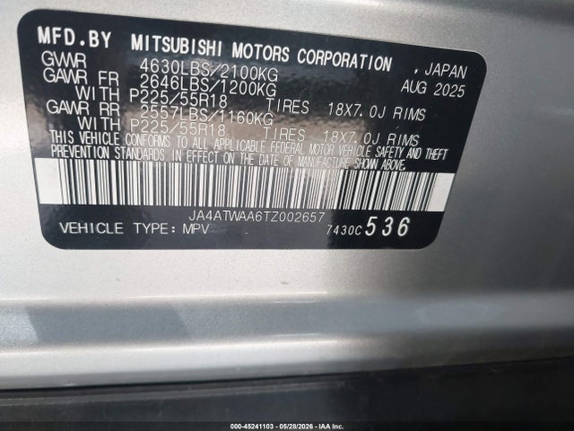 Aukcja sprzedaży 2026 Mitsubishi Eclipse Cross Black Edition S-awc/se S-awc/sel S-awc, vin: JA4ATWAA6TZ002657, numer aukcji: 45241103