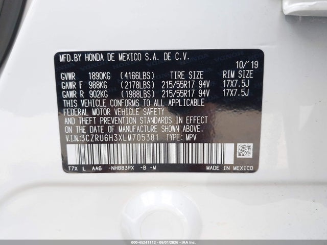 Aukcja sprzedaży 2020 Honda Hr-v Awd Lx, vin: 3CZRU6H3XLM705381, numer aukcji: 45241112