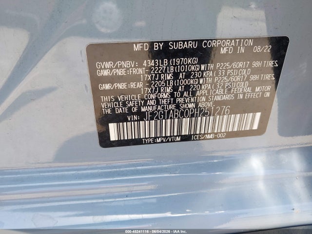 Продажа на аукционе авто 2023 Subaru Crosstrek, vin: JF2GTABC0PH251276, номер лота: 45241116
