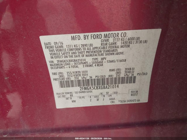 Aukcja sprzedaży 2016 Ford Flex Sel, vin: 2FMGK5C8XGBA21014, numer aukcji: 45241138