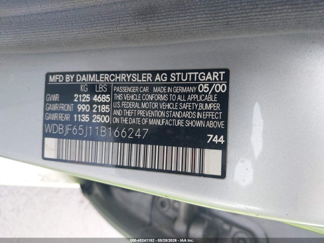 2001 Mercedes-benz E 320 მანქანა იყიდება აუქციონზე, vin: WDBJF65J11B166247, აუქციონის ნომერი: 45241182