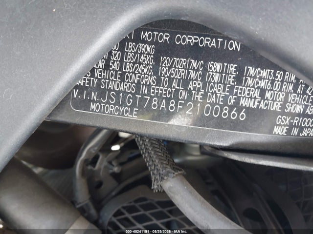 Aukcja sprzedaży 2015 Suzuki Gsx-r1000, vin: JS1GT78A8F2100866, numer aukcji: 45241191
