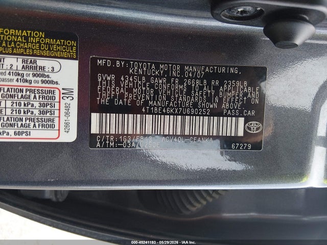 Auction sale of the 2007 Toyota Camry Le, vin: 4T1BE46KX7U690252, lot number: 45241193