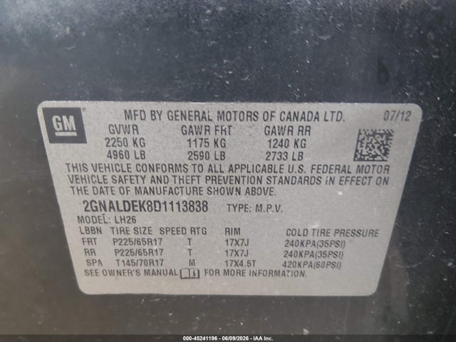 Продажа на аукционе авто 2013 Chevrolet Equinox 1lt, vin: 2GNALDEK8D1113838, номер лота: 45241196