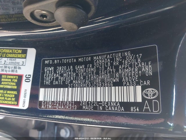 Aukcja sprzedaży 2018 Toyota Corolla Le, vin: 2T1BURHE9JC983866, numer aukcji: 45241212