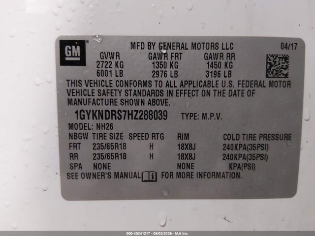 45241217 :رقم المزاد ، 1GYKNDRS7HZ288039 vin ، 2017 Cadillac Xt5 Luxury مزاد بيع