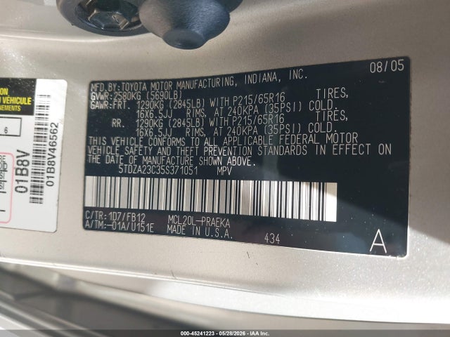 Aukcja sprzedaży 2005 Toyota Sienna Le, vin: 5TDZA23C35S371051, numer aukcji: 45241223