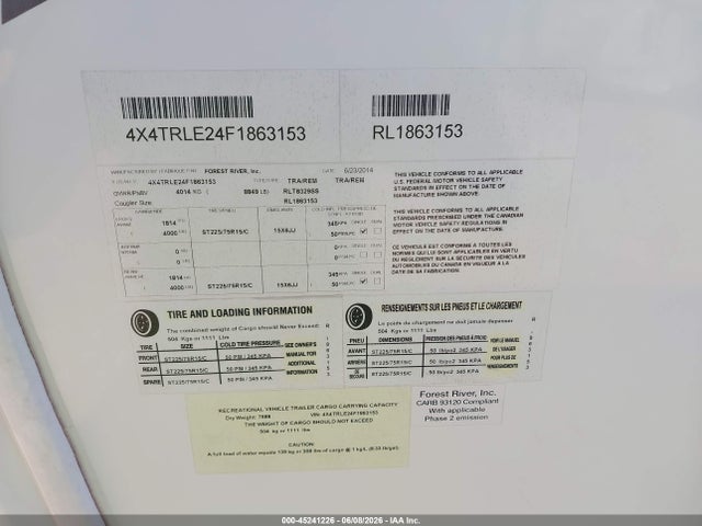 Продаж на аукціоні авто 2015 Forest River Rockwood Signature Ultra Lite, vin: 4X4TRLE24F1863153, номер лоту: 45241226