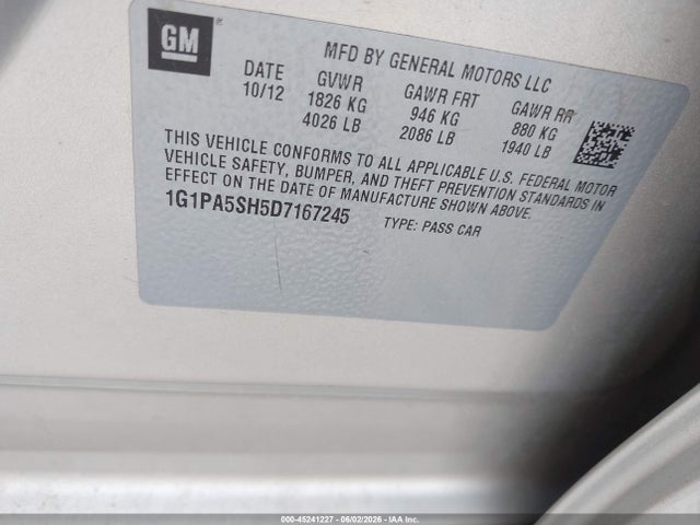 45241227 :رقم المزاد ، 1G1PA5SH5D7167245 vin ، 2013 Chevrolet Cruze Ls Auto مزاد بيع
