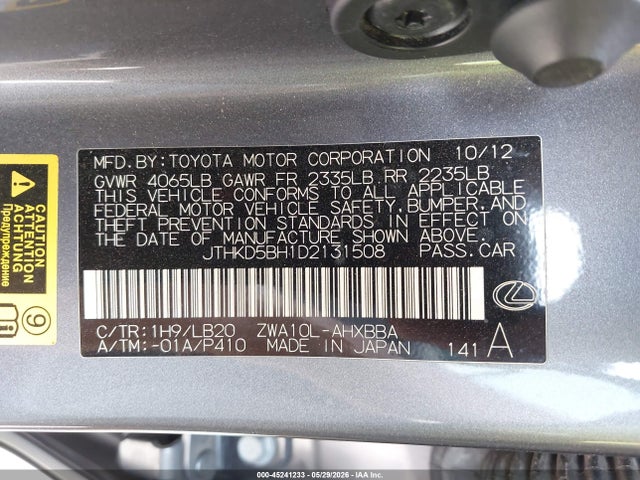 45241233 :رقم المزاد ، JTHKD5BH1D2131508 vin ، 2013 Lexus Ct 200h مزاد بيع