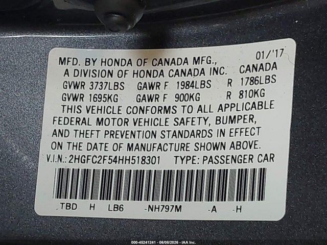 Honda Civic Lx 2017 2HGFC2F54HH518301 Image 9