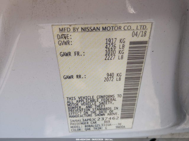 45241244 :رقم المزاد ، 1N4AL3AP6JC237462 vin ، 2018 Nissan Altima 2.5 S مزاد بيع