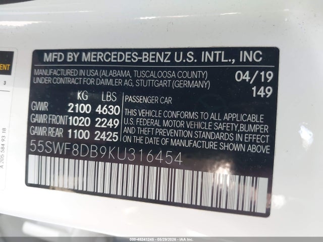 45241245 :رقم المزاد ، 55SWF8DB9KU316454 vin ، 2019 Mercedes-benz C 300 مزاد بيع