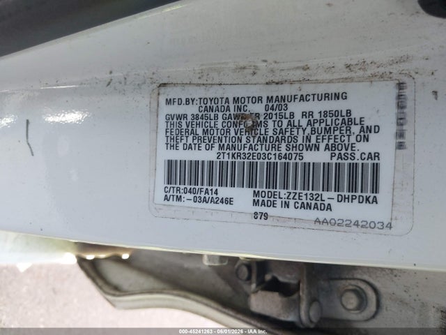 Aukcja sprzedaży 2003 Toyota Matrix Standard, vin: 2T1KR32E03C164075, numer aukcji: 45241263