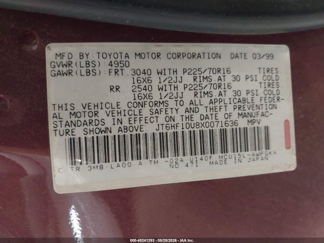 Aukcja sprzedaży 1999 Lexus Rx 300, vin: JT6HF10U8X0071636, numer aukcji: 45241293