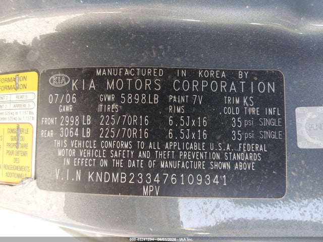 Aukcja sprzedaży 2007 Kia Sedona Lx, vin: KNDMB233476109341, numer aukcji: 45241294