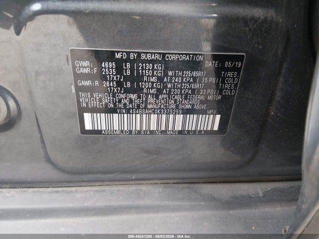 2019 Subaru Outback 2.5i Premium მანქანა იყიდება აუქციონზე, vin: 4S4BSAHC0K3375259, აუქციონის ნომერი: 45241295