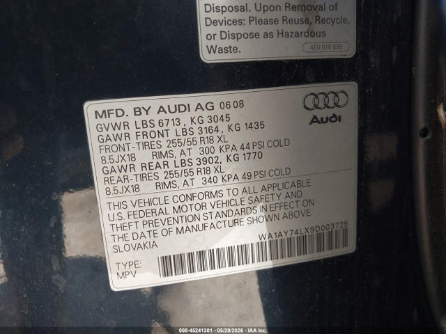 45241301 :رقم المزاد ، WA1AY74LX9D003725 vin ، 2009 Audi Q7 3.6 5 Passenger/3.6 Premium مزاد بيع